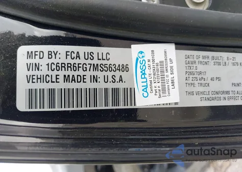 2021 Ram 1500 Classic Tradesman 4X2 6'4 Box z USA, uszkodzony, nr VIN 1C6RR6FG7MS563486